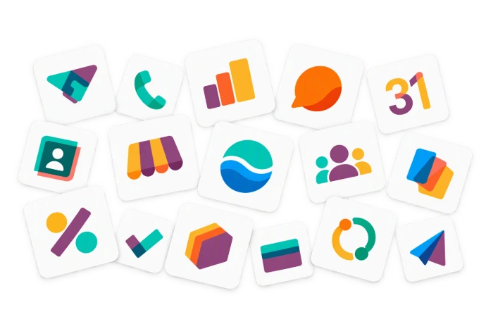 Ilustración de aplicaciones empresariales de Odoo, como CRM, Ventas, Contactos y Punto de Venta
